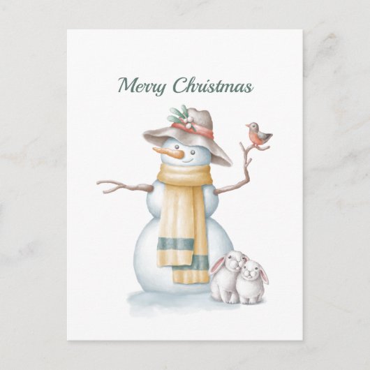 クリスマス雪だるまラビットバードハットウォーター色 シーズンポストカード (正面)