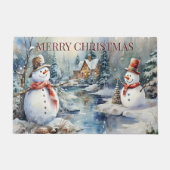クリスマス雪だるまログキャビンウッズリバー ドアマット (正面)