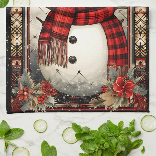 クリスマス雪だるま格子縞スカーフ赤い花 キッチンタオル (折り畳み)