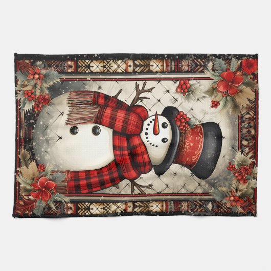 クリスマス雪だるま格子縞スカーフ赤い花 キッチンタオル (横)