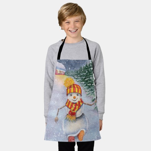 クリスマス雪だるま歩く エプロン (着用した状態)