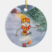 クリスマス雪だるま歩く セラミックオーナメント (正面)
