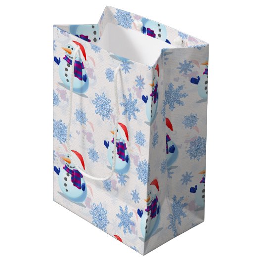 クリスマス雪だるま表面パターン ミディアムペーパーバッグ (正面アングル)