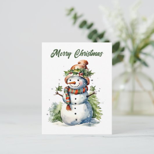 クリスマス雪だるま追加文字水の色ホリデイ シーズンポストカード (スタンド正面)