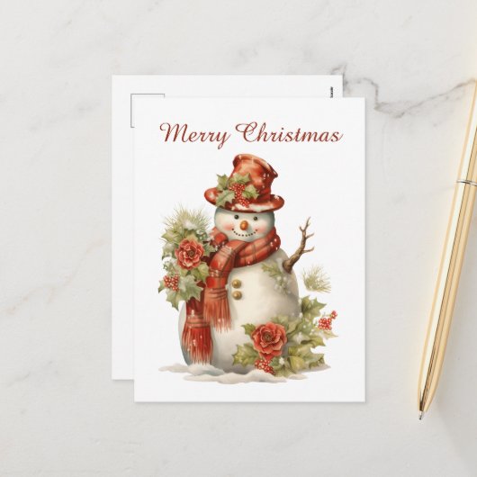 クリスマス雪だるま追加文字水の色ホリデイ シーズンポストカード (正面/裏面インサイチュ)