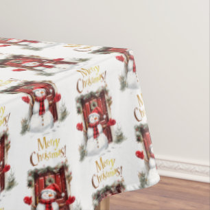クリスマス雪だるま金ゴールドメリークリスマス文字 テーブルクロス