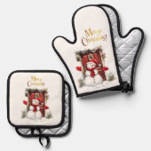 クリスマス雪だるま金ゴールドメリークリスマス文字 鍋つかみ&鍋敷きセット (正面/裏面)