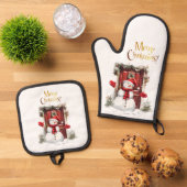 クリスマス雪だるま金ゴールドメリークリスマス文字 鍋つかみ&鍋敷きセット (トップダウン)