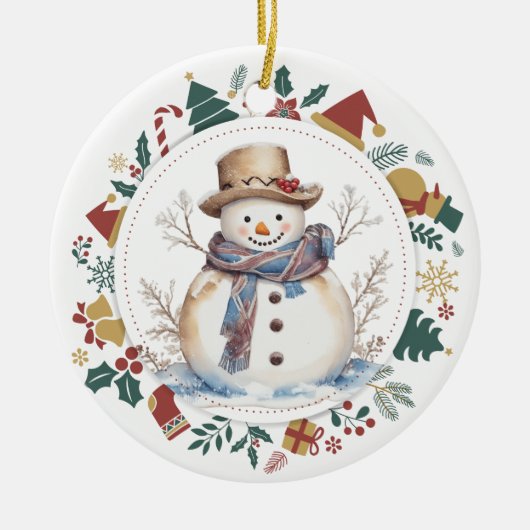 クリスマス雪だるま額縁国の画像 セラミックオーナメント (正面)
