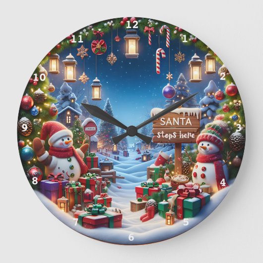クリスマス雪だるま、オーナメントホリデーデコレーション ラージ壁時計 (正面)