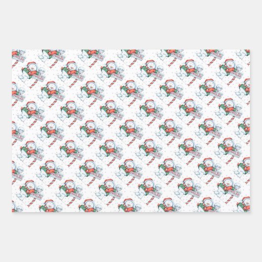 クリスマス雪だるま、サンタクロースとルドルフ ラッピングペーパーシート (正面3)