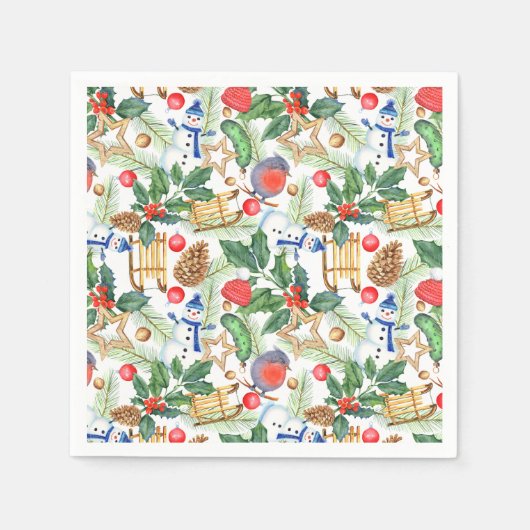 クリスマス雪だるま，松のコーン，ホリー，スレッド，スター スタンダードカクテルナプキン (正面)