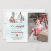 クリスマス雪だるまOnederful最初の誕生日写真 招待状 (正面)