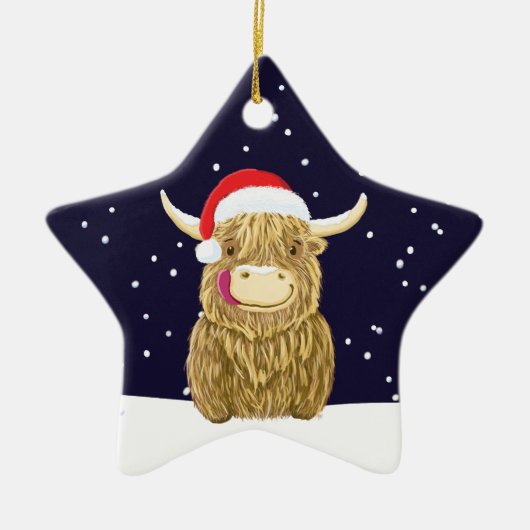 クリスマス雪のスコットランドの高地の牛 セラミックオーナメント (正面)