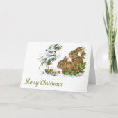 クリスマス雪のヴィンテージのバンニーと鳥 カード (正面)