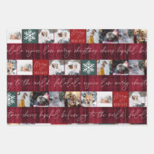 クリスマス雪8枚の写真グリッドコラージュ赤い格子模様 ラッピングペーパーシート (正面)