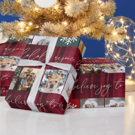 クリスマス雪8枚の写真グリッドコラージュ赤い格子模様 ラッピングペーパー