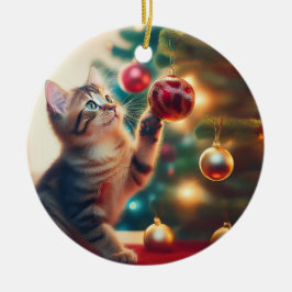 クリスマス電球で遊ぶかわいい子猫 セラミックオーナメント