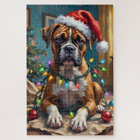 クリスマス電飾に絡まったグーフィーなボクサー犬 ジグソーパズル (縦)