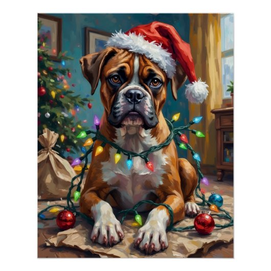 クリスマス電飾に絡まったグーフィーなボクサー犬 ポスター (正面)