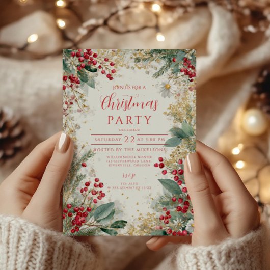 クリスマス霜の松と金ゴールド 招待状