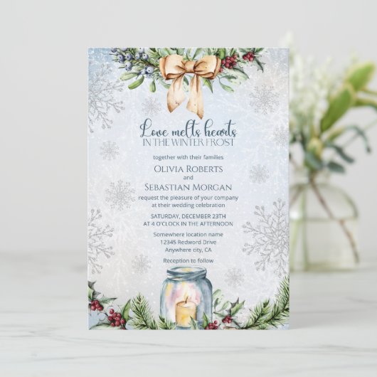 クリスマス霜の降りたの雪の冬の結婚式 招待状 (スタンド正面)
