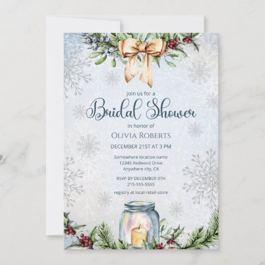 クリスマス霜の降りた雪の冬のブライダルシャワー 招待状 (正面)