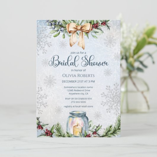 クリスマス霜の降りた雪の冬のブライダルシャワー 招待状 (スタンド正面)