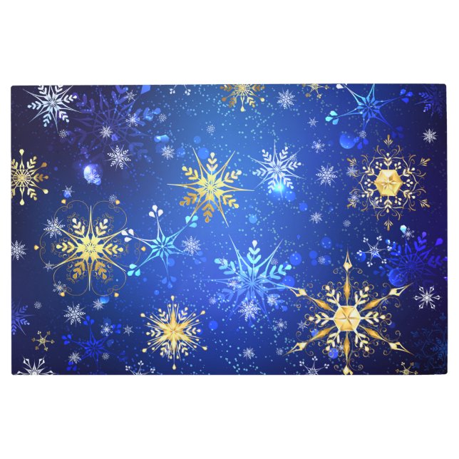 クリスマス青の背景（金色の雪片付き） メタルプリント (正面)