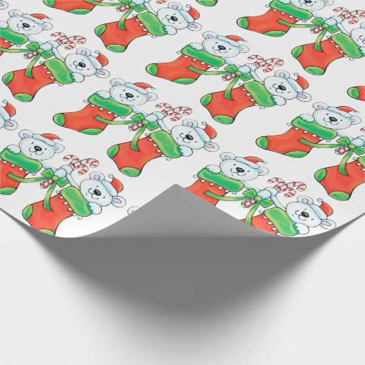 クリスマス靴下の可愛いカートゥーンポーラーベア ラッピングペーパー (角)