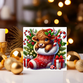 クリスマス靴下の愛らしいハイランドカウ シーズンカード
