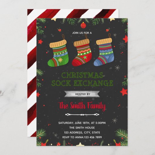 クリスマス靴下交換パーティーの招待状 招待状 (正面/裏面)