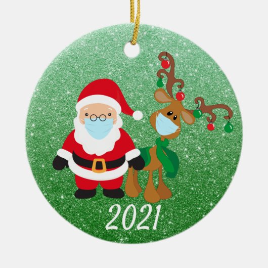 クリスマス顔マスクサンタトナカイ2021グリッター セラミックオーナメント (正面)