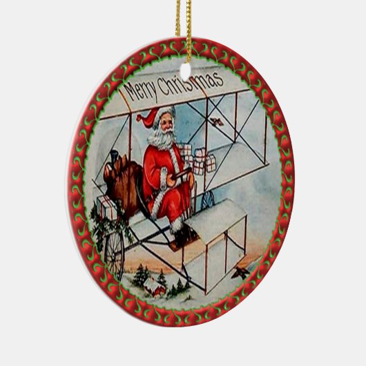 クリスマス飛んでいるサンタ古い飛行機 セラミックオーナメント (右)