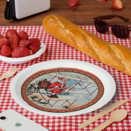 クリスマス飛んでいるサンタ古い飛行機 ペーパープレート (ピクニック)