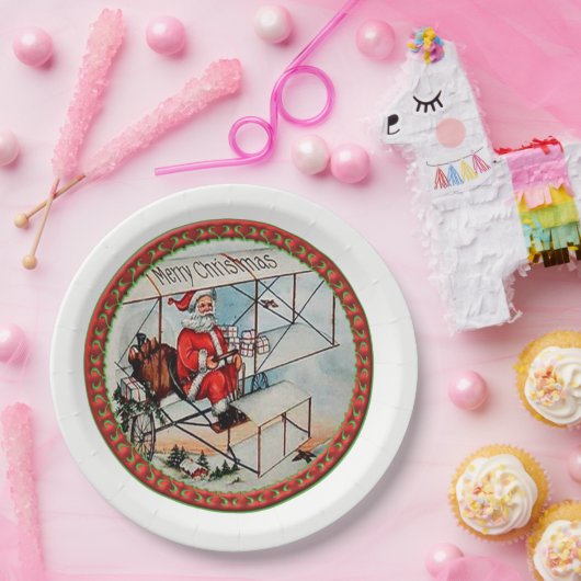 クリスマス飛んでいるサンタ古い飛行機 ペーパープレート (パーティー)