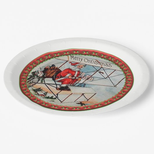 クリスマス飛んでいるサンタ古い飛行機 ペーパープレート (アングル)