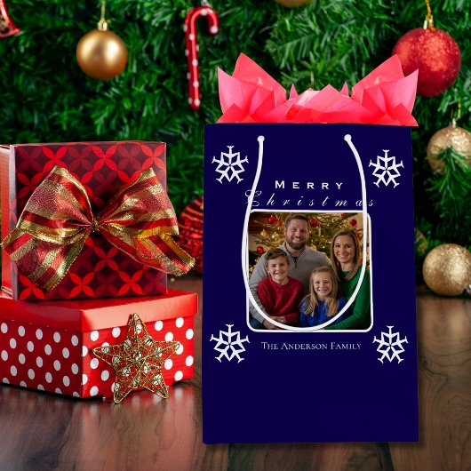 クリスマス飛行機スノーフレークフォトおもしろいカスタム ミディアムペーパーバッグ