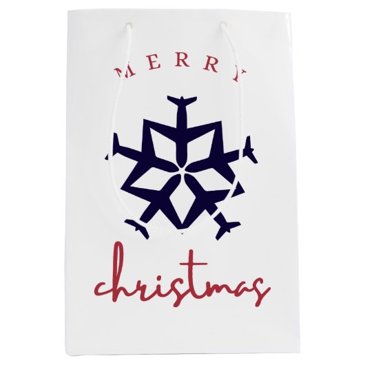 クリスマス飛行機スノーフレーク写真おもしろい航空 ミディアムペーパーバッグ (正面)