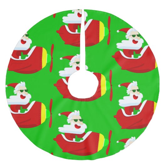 クリスマス飛行機飛行機パイロットサンタおもしろいクロース ブラッシュドポリエステルツリースカート (正面)