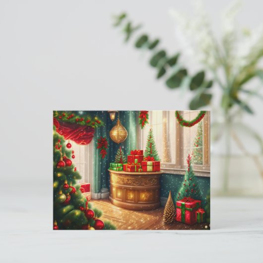 クリスマス飾お祭り用の伝統的部屋 ポストカード (スタンド正面)