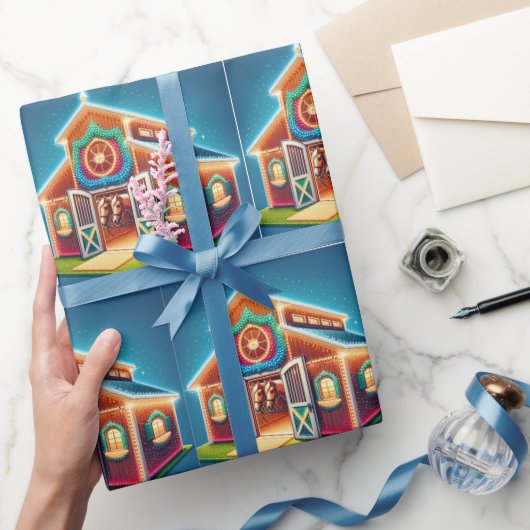 クリスマス飾と馬の馬の厩舎 ラッピングペーパー (ギフト)