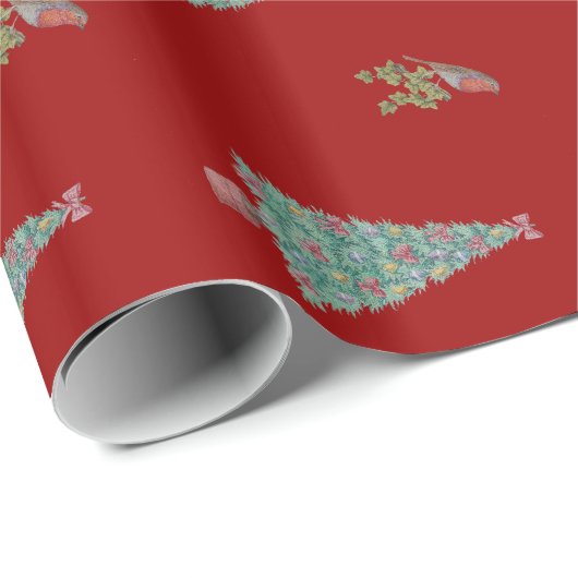 クリスマス飾の季節の木とロビン ラッピングペーパー (ロールコーナー)