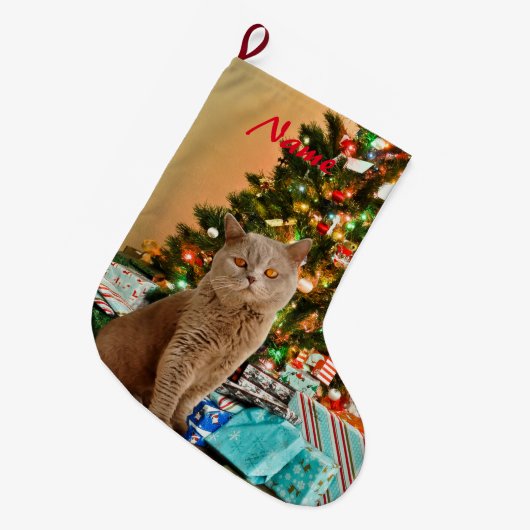 クリスマス飾の木とギフトボックス付き猫 ラージクリスマスストッキング (正面 (吊り時))