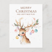 クリスマス飾り付きウィムシーな水の色トナカイ ポストカード (正面)