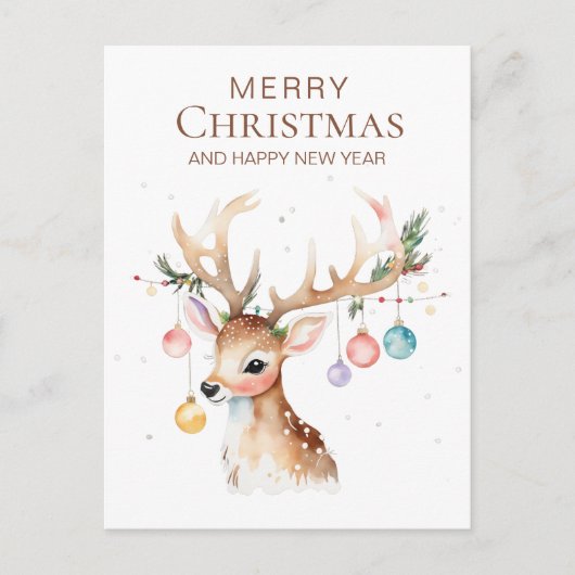 クリスマス飾り付きウィムシーな水の色トナカイ ポストカード (正面)