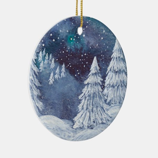 クリスマス飾り手の絵を描水色の冬 セラミックオーナメント (右)
