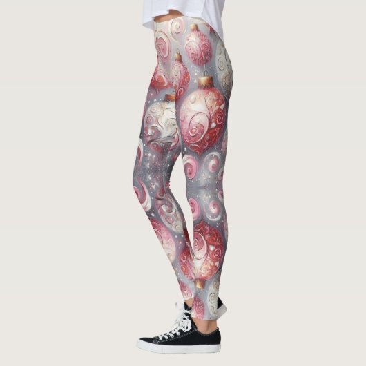 クリスマス飾り玉ピンク白（渦巻き付き） レギンス (左)