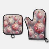 クリスマス飾り玉ピンク白（渦巻き付き） 鍋つかみ&鍋敷きセット (正面)