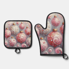 クリスマス飾り玉ピンク白（渦巻き付き） 鍋つかみ&鍋敷きセット